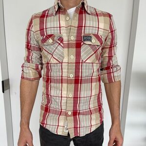 SUPERDRY | Red & tan plaid button down shirt - size S